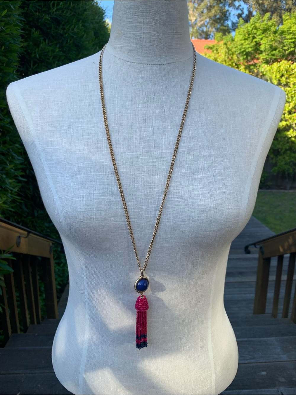 Talbots Gold-Tone Necklace with Blue Stone and Pink Tassel Pendant